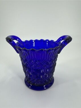 Vintage Mosser Cobalt Blue Glass Basketweave Toothpick Holder Basket